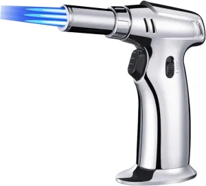 Triple Windproof Flame Lockable refillable Adjustable Size Torch Lighter, Camping Candle Outdoor (Butane not Included)(Silver)