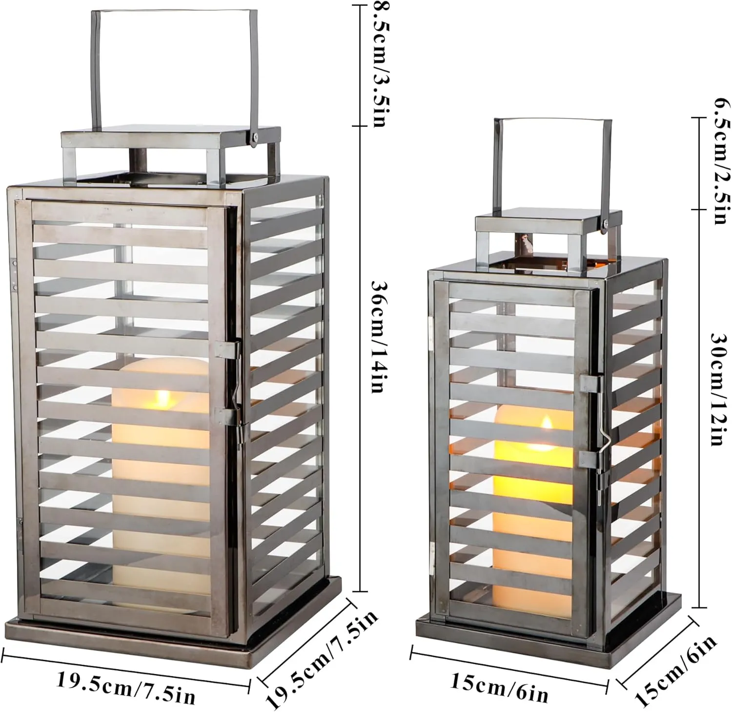 TRIROCKS Stainless Steel Lantern Set of 2, 15 &12" Decorative Candle Lanterns with Tempered Glass Panels, Indoor & Outdoor Home Decor for Living Room, Tabletop, Parties & Events - Nickel Black Finish