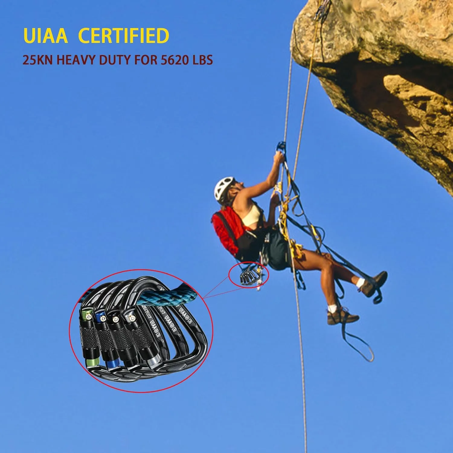 UIAA Certified 25KN Auto Locking Climbing Carabiner Clips, D Shaped, Twist Lock, and Heavy Duty Carabiners for Rock Climbing, Rappelling,3.93 Inch, Large Size.
