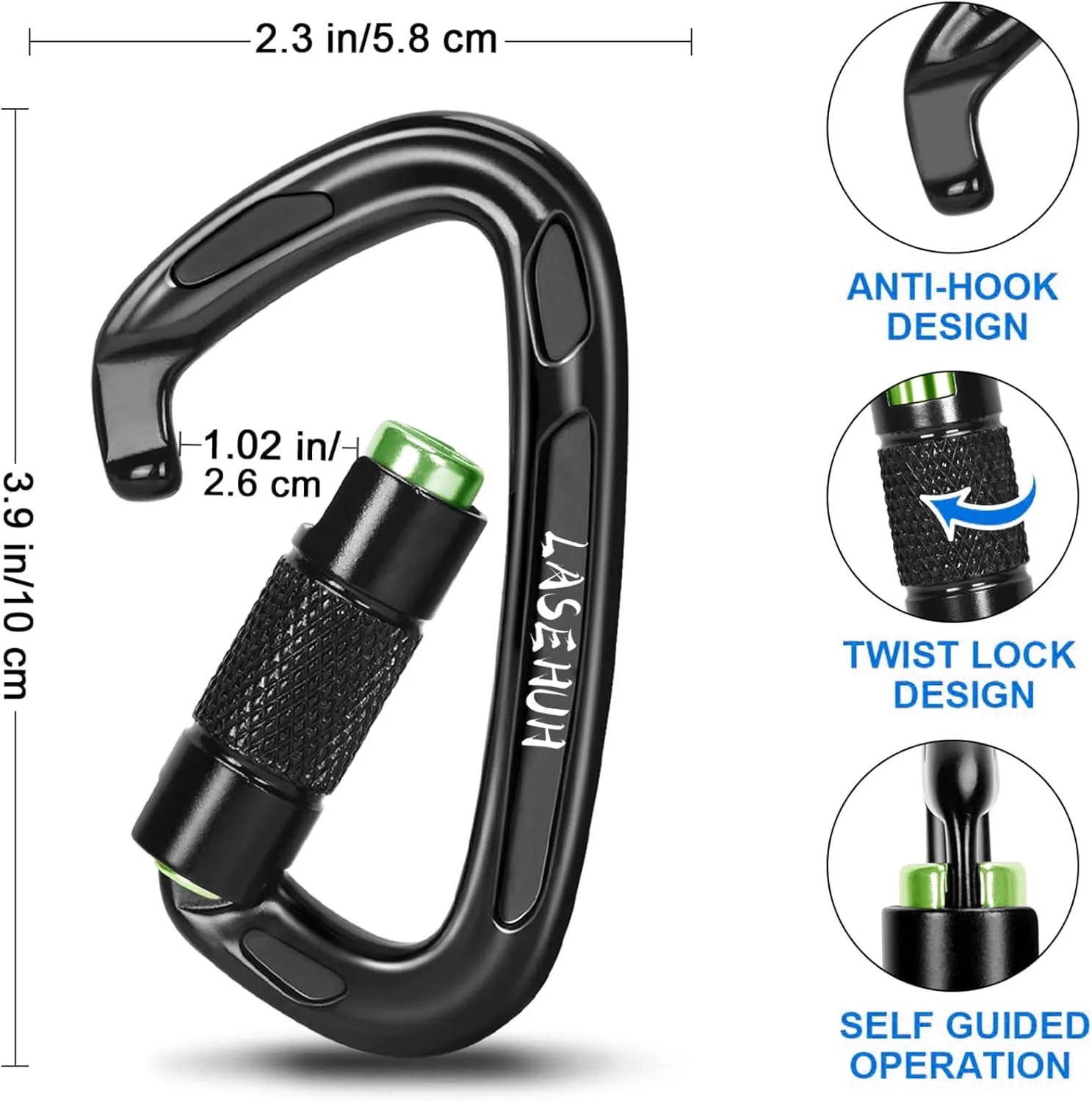 UIAA Certified 25KN Auto Locking Climbing Carabiner Clips, D Shaped, Twist Lock, and Heavy Duty Carabiners for Rock Climbing, Rappelling,3.93 Inch, Large Size.