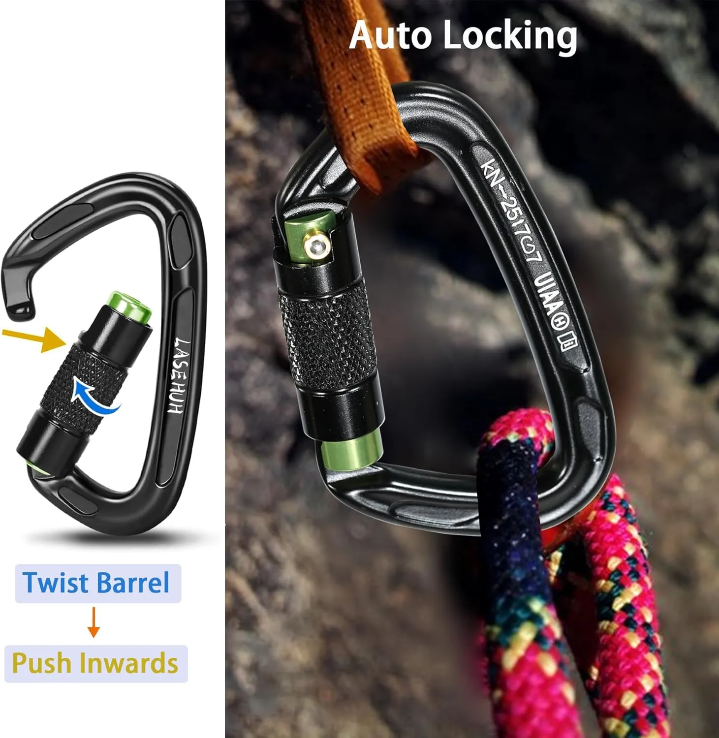 UIAA Certified 25KN Auto Locking Climbing Carabiner Clips, D Shaped, Twist Lock, and Heavy Duty Carabiners for Rock Climbing, Rappelling,3.93 Inch, Large Size.