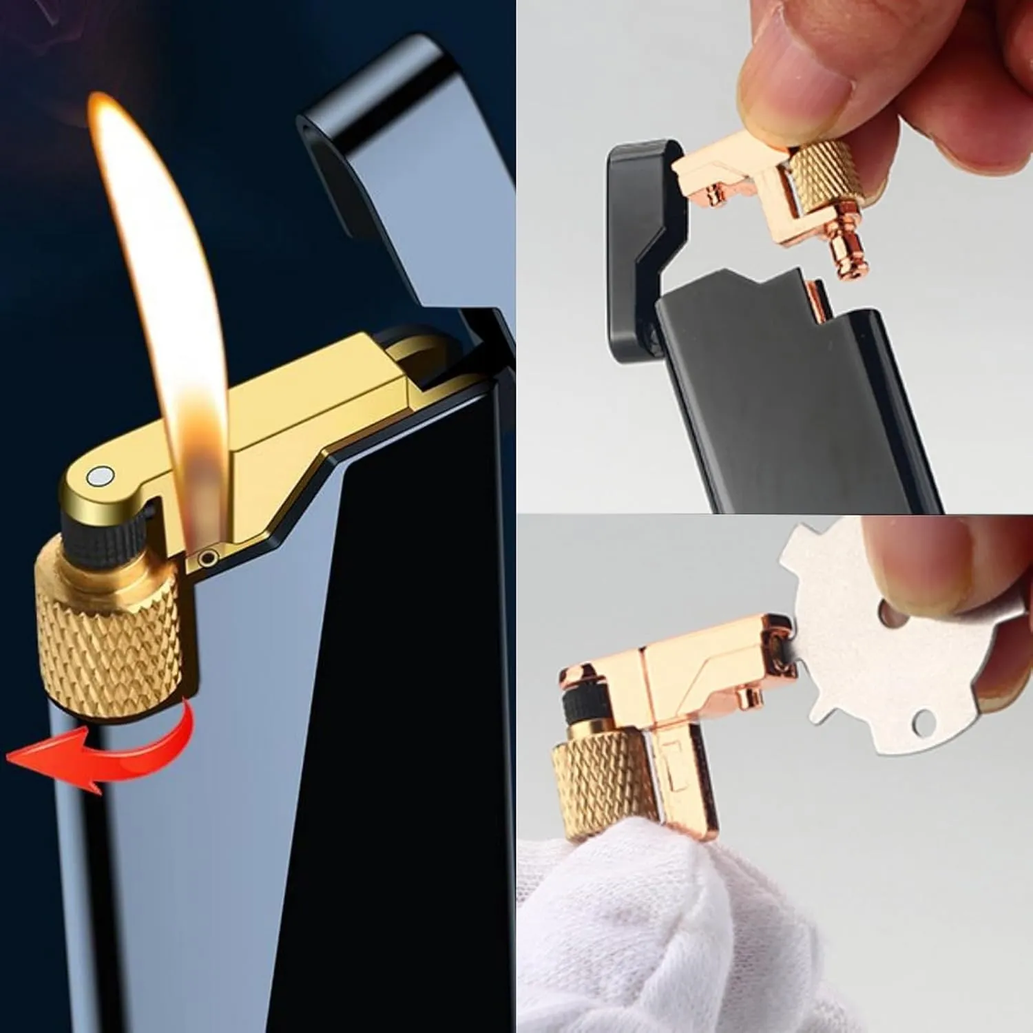 Ultra-thin Metal Soft Flame Lighter Wheel Flint Ignition Portable Cool Pocket Lighter Refillable Butane Retro Lighter Gift for Men Women(Black)
