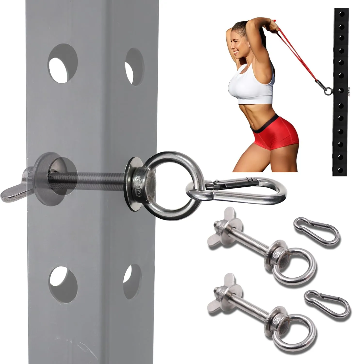 Universal Power Rack Attachment Holder - Stainless Steel M12 Eye Bolt & Carabiner Set for Cable Machine Attachments, Gym Accessories, Resistance Bands, Fits 5/8” to 1” Rack Holes