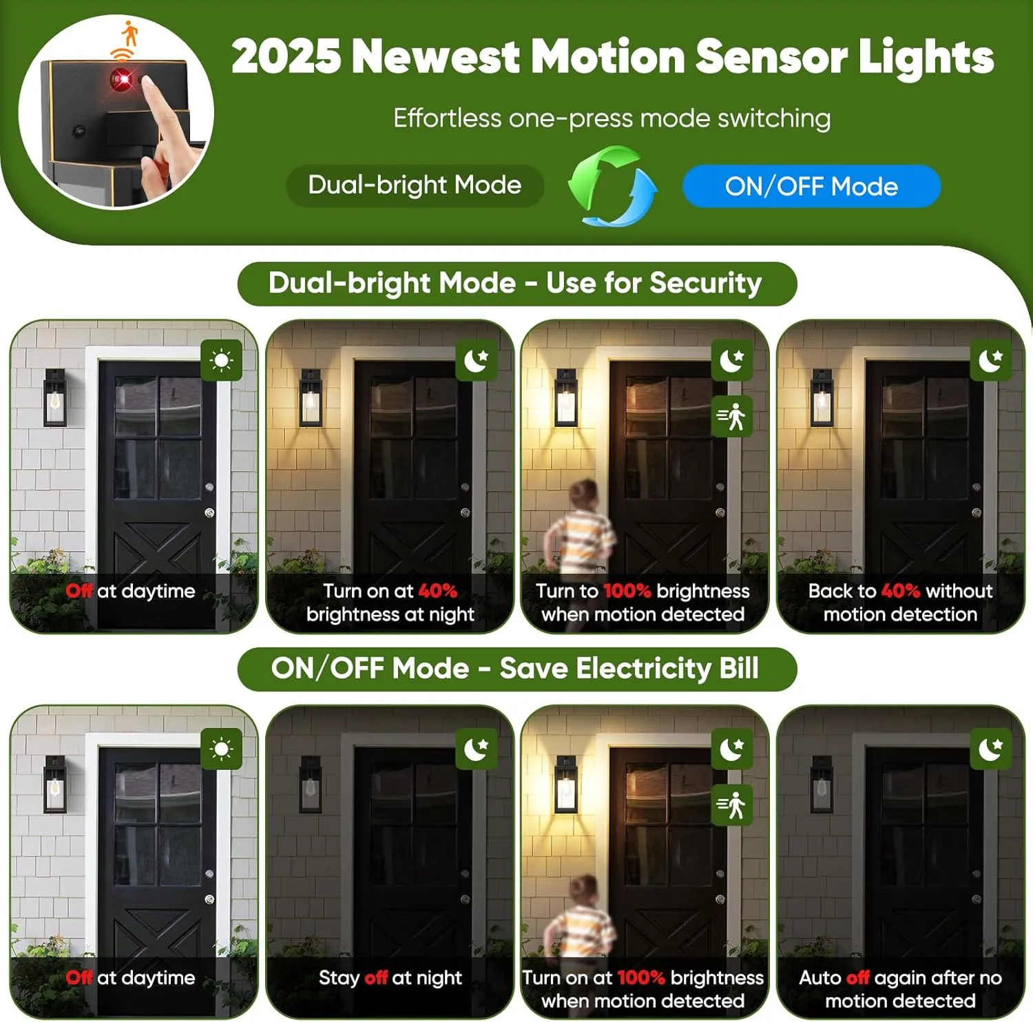 Upgraded Motion Sensor Outdoor Wall Light, 13” Dusk to Dawn Porch Light Outdoor Wall Sconce Lantern, 3 Lighting Modes Exterior Lighting Fixture Wall Mount, Outside Light for House Garage Patio, Bronze