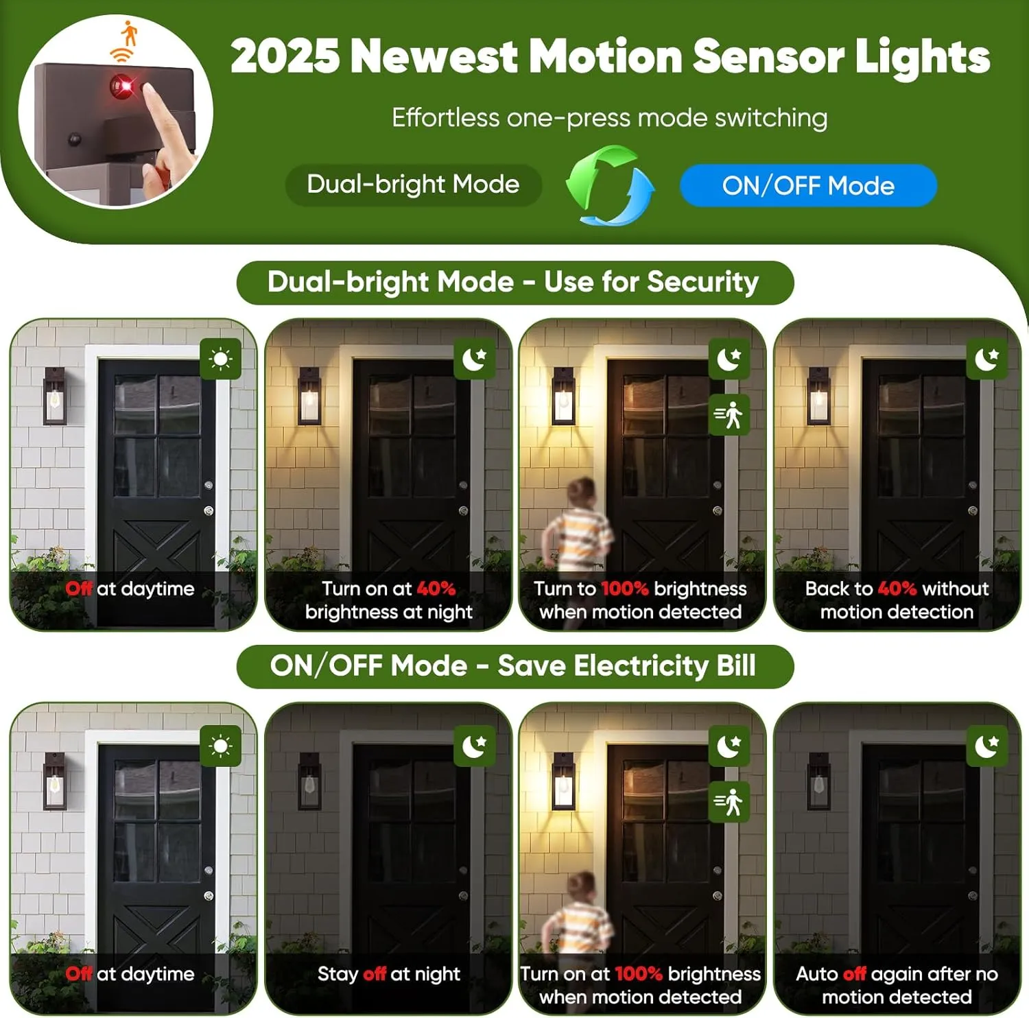 Upgraded Motion Sensor Outdoor Wall Light, 13” Dusk to Dawn Porch Light Outdoor Wall Sconce Lantern, 3 Lighting Modes Exterior Lighting Fixture Wall Mount, Outside Light for House Garage Patio, Brown