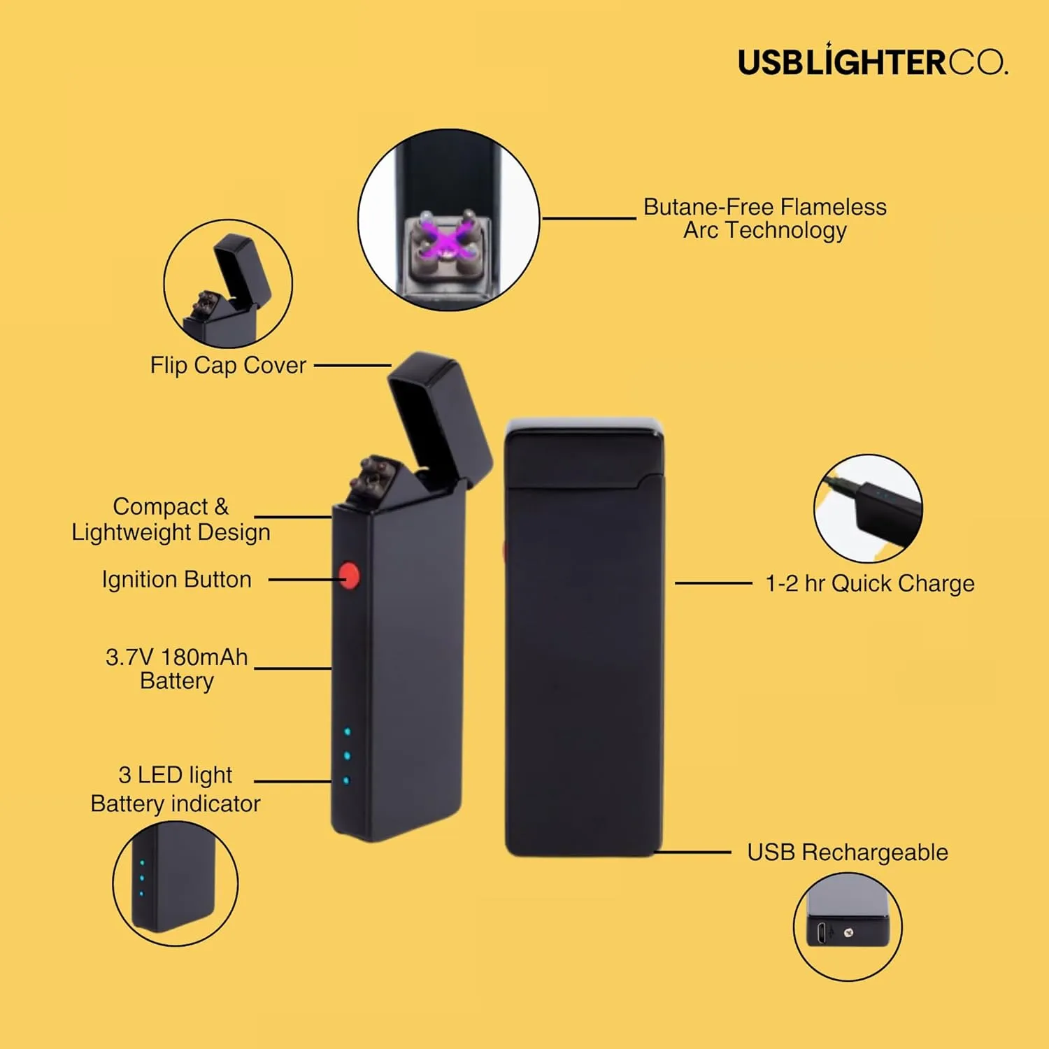 USB Lighter Co. Pocket Electric Dual Arc Windproof Flameless USB Rechargeable Lighter Portable for Candle Camping BBQ Grill Gift Outdoors (Gold)