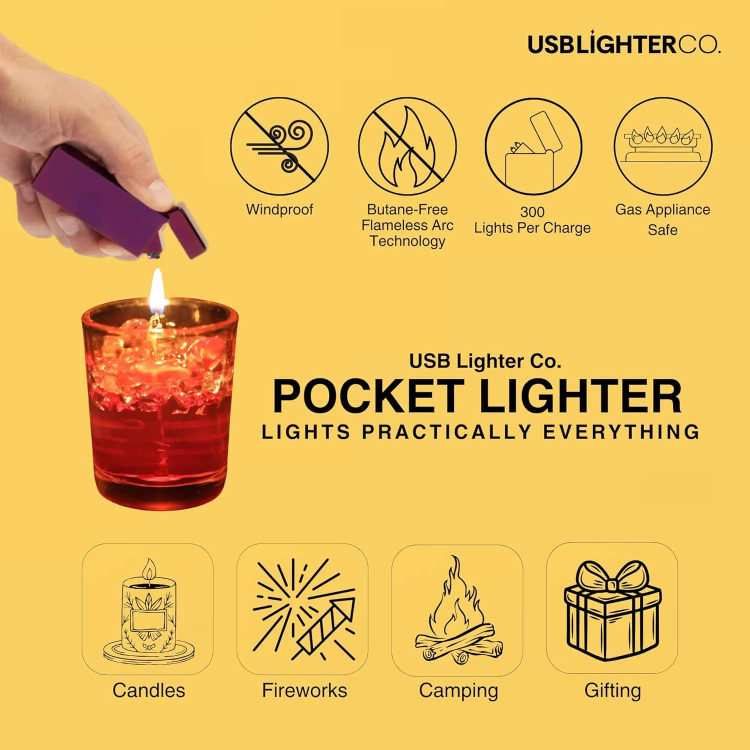 USB Lighter Co. Pocket Electric Dual Arc Windproof Flameless USB Rechargeable Lighter Portable for Candle Camping BBQ Grill Gift Outdoors (Gold)