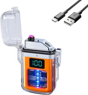 USB Rechargeable Dual arc Lighter, Electronic Windproof Lighter, arc Lighter, Transparent Waterproof with LED Power Display Type-C Rechargeable Lighter(Orange)