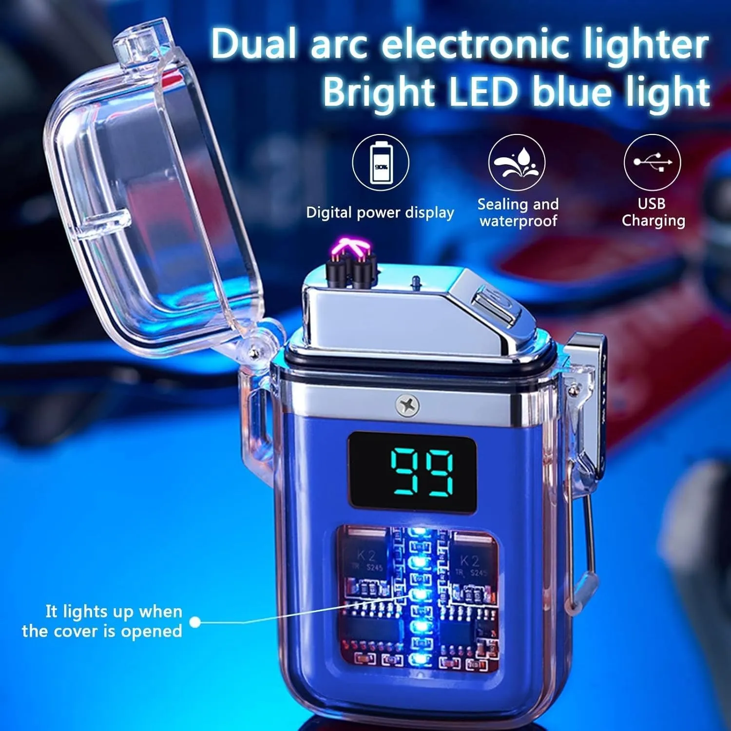 USB Rechargeable Dual arc Lighter, Electronic Windproof Lighter, arc Lighter, Transparent Waterproof with LED Power Display Type-C Rechargeable Lighter(Orange)