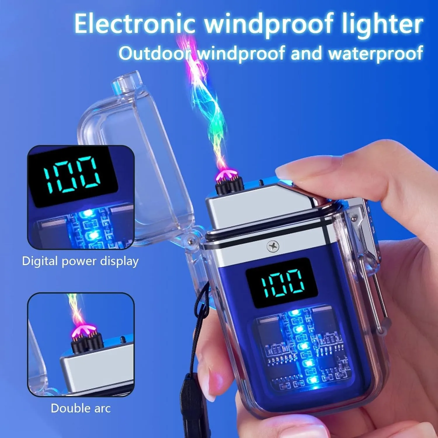 USB Rechargeable Dual arc Lighter, Electronic Windproof Lighter, arc Lighter, Transparent Waterproof with LED Power Display Type-C Rechargeable Lighter(Orange)