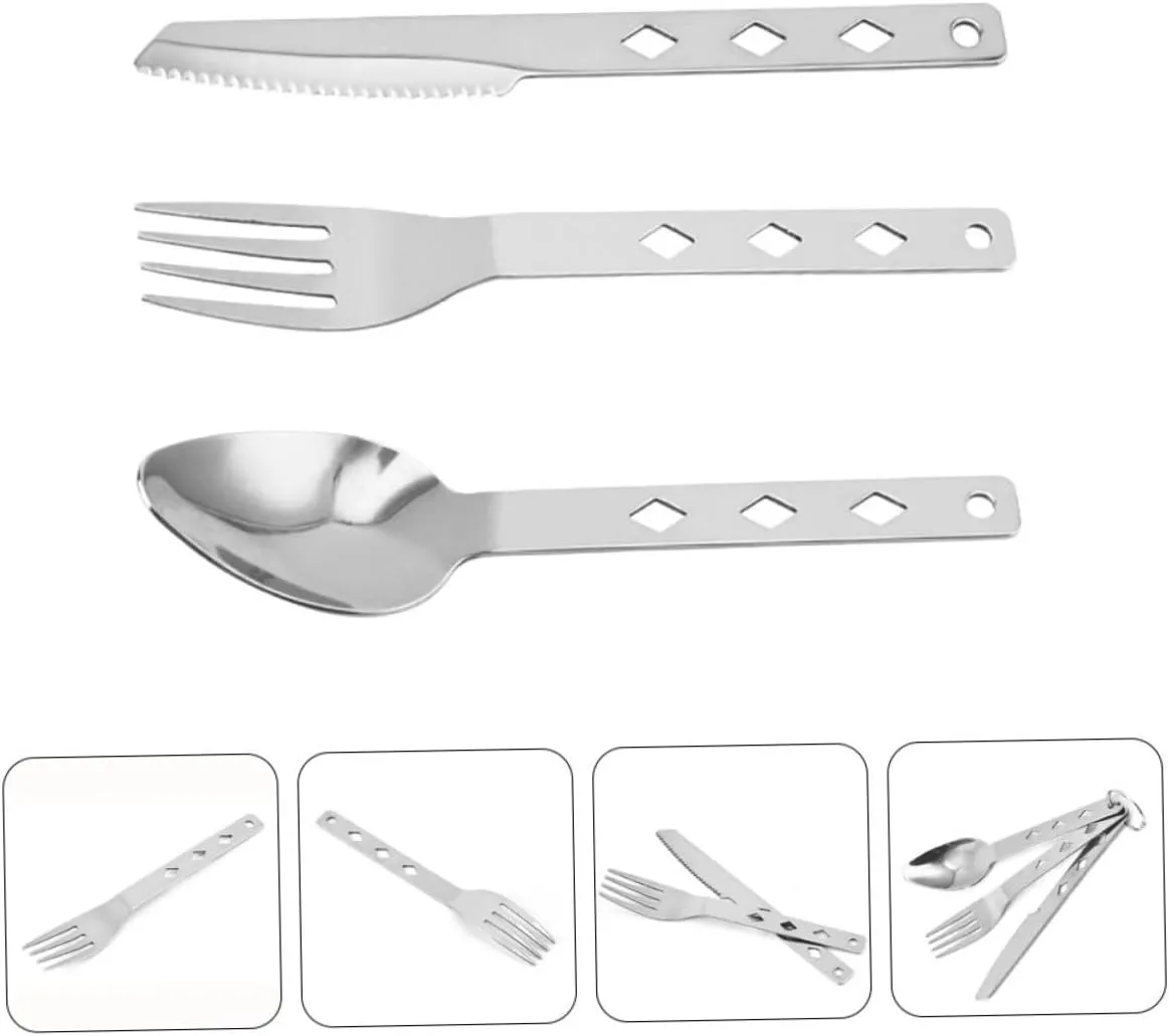 VANZACK 3 Sets Silverware Set Stainless Steel Cutlery Folding Camping Cookware Outdoor Tableware Portable Dinnerware