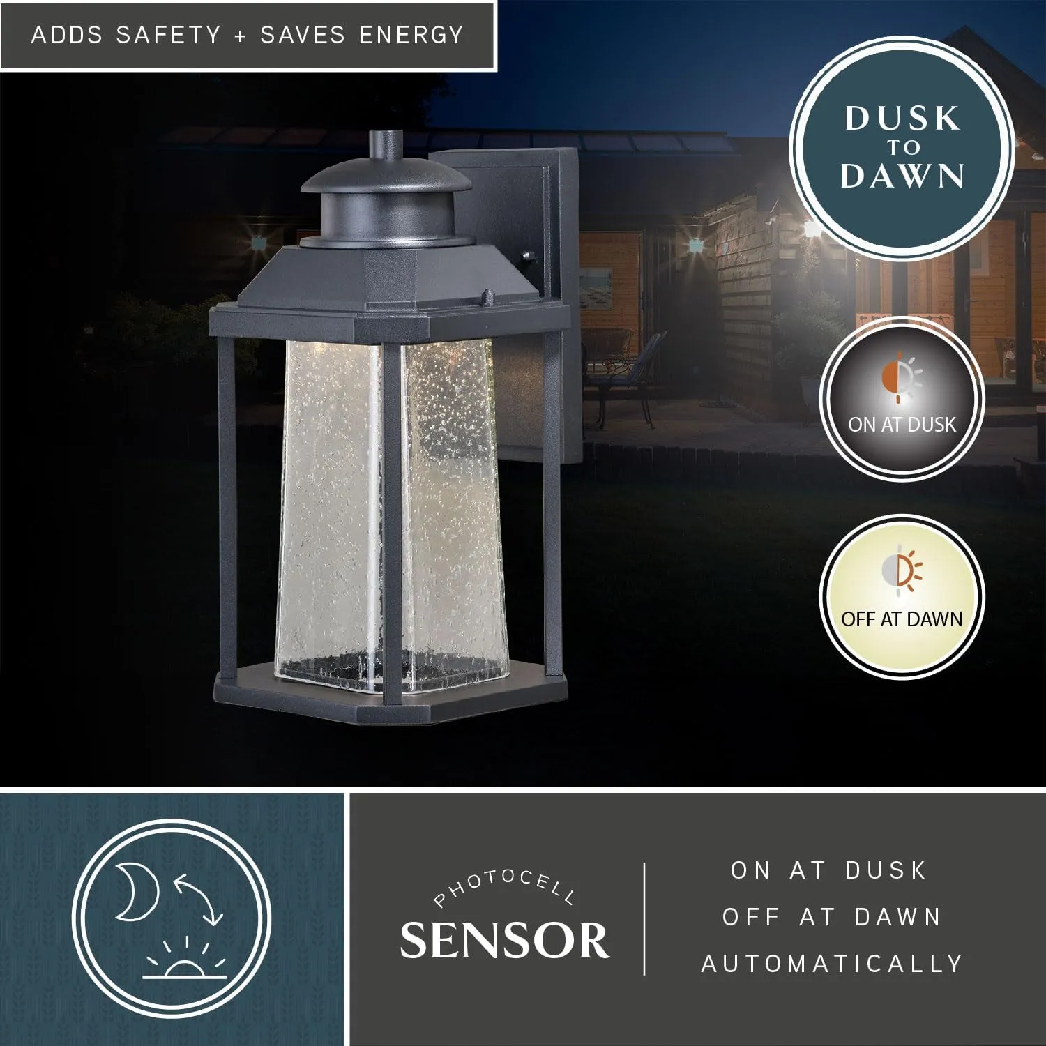 VAXCEL Freeport Aluminum 1 Light LED Dusk to Dawn Black Outdoor Wall Lantern Clear Glass