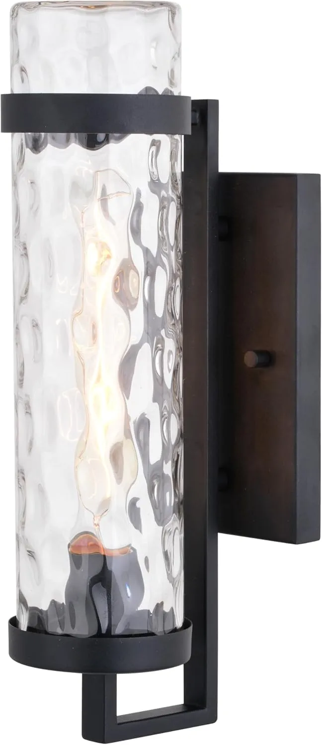VAXCEL Seymour 1 Light Textured Black Finish Outdoor Wall Lantern with Clear Water Glass Shade, Modern Cylinder Design, Dimmable, Contemporary, Ideal Wall Light for Entryways and Patios