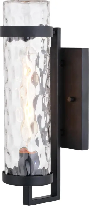 VAXCEL Seymour 1 Light Textured Black Finish Outdoor Wall Lantern with Clear Water Glass Shade, Modern Cylinder Design, Dimmable, Contemporary, Ideal Wall Light for Entryways and Patios