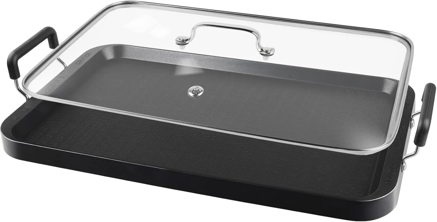 Vayepro 2 Burner Griddle Pan with Glass Lid,Stove Top Flat Griddle for Glass Stove Top,Aluminum Pancake Griddle,Non-Stick Griddle for Gas Grill, Double Burner Camping Griddle (Griddle with Lid)