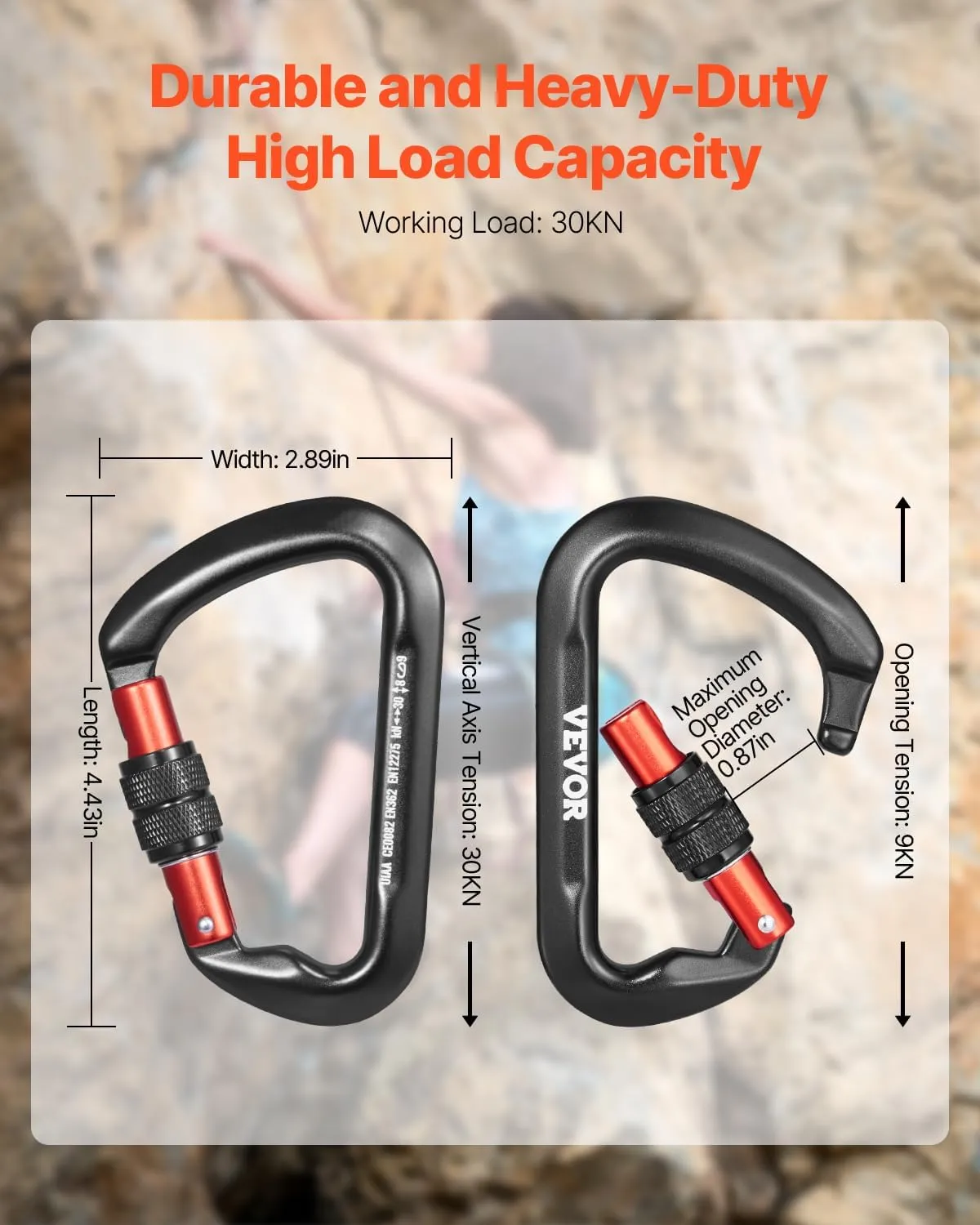 VEVOR Climbing Carabiner Clips, 3 PCS Heavy Duty Carabiner, Professional 30KN(6744lbs) Spindle Strength, Hiking, Rappelling, Rescue, Dog Leash, Hammocks, Swings