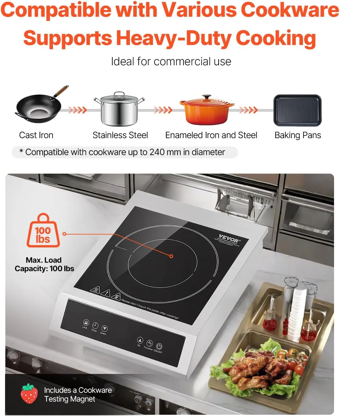 VEVOR Portable Commercial Cooktop, 3500W Induction Burner with 11 Temperature Settings, Stainless Steel Countertop Induction Hot Plate with 3H Timer, Child Lock, for Restaurant Cooking