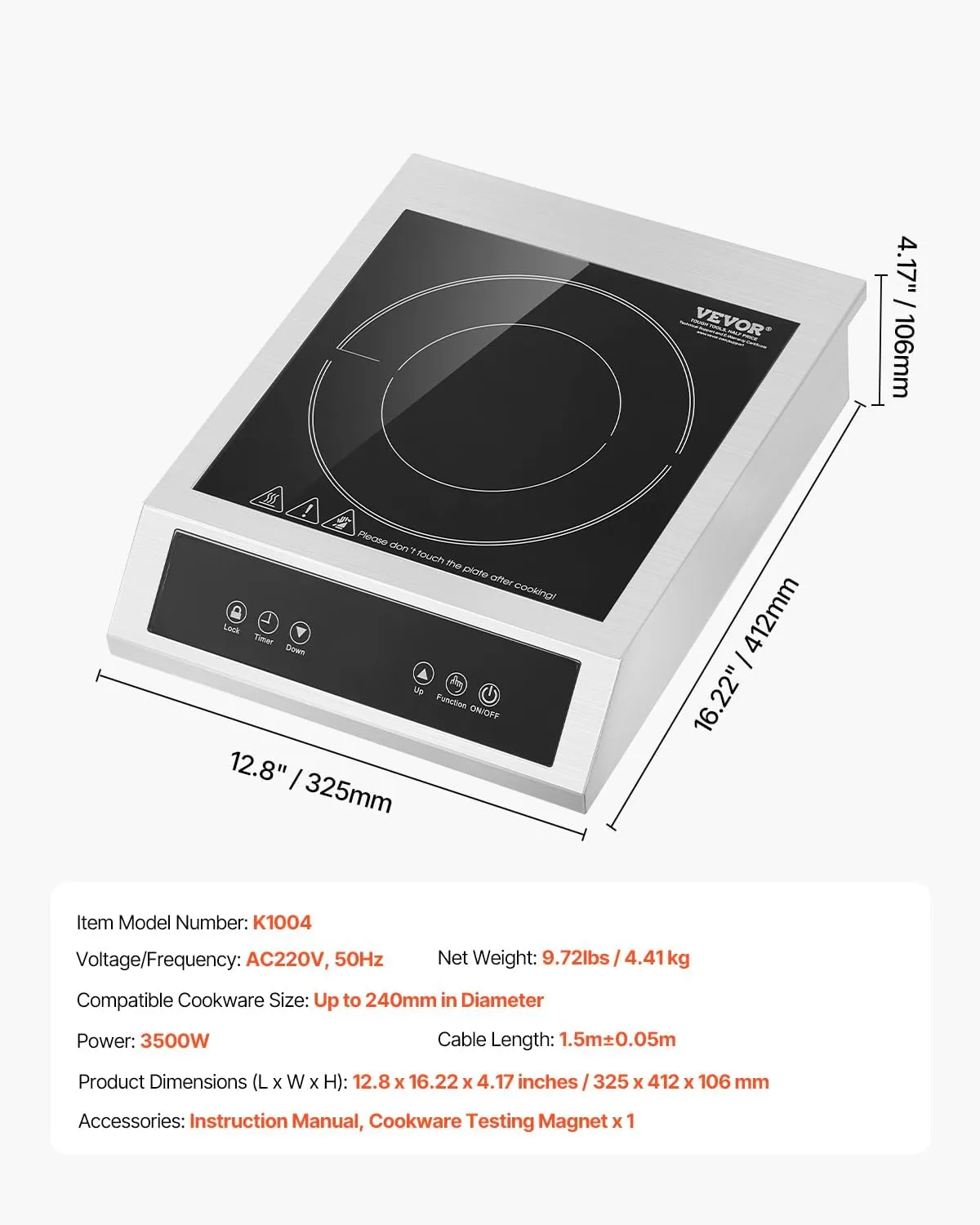 VEVOR Portable Commercial Cooktop, 3500W Induction Burner with 11 Temperature Settings, Stainless Steel Countertop Induction Hot Plate with 3H Timer, Child Lock, for Restaurant Cooking