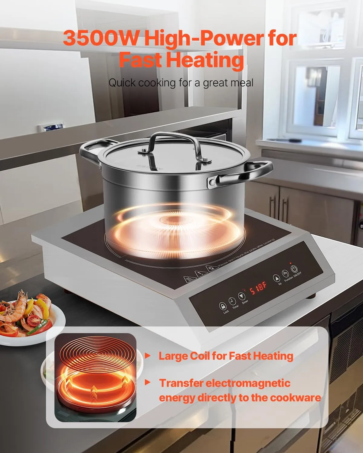 VEVOR Portable Commercial Cooktop, 3500W Induction Burner with 11 Temperature Settings, Stainless Steel Countertop Induction Hot Plate with 3H Timer, Child Lock, for Restaurant Cooking
