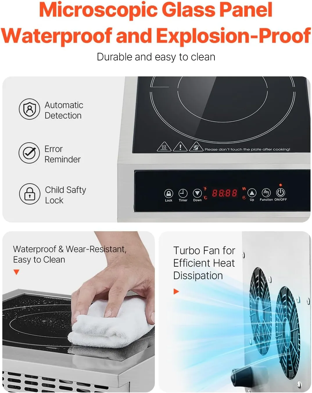 VEVOR Portable Commercial Cooktop, 3500W Induction Burner with 11 Temperature Settings, Stainless Steel Countertop Induction Hot Plate with 3H Timer, Child Lock, for Restaurant Cooking