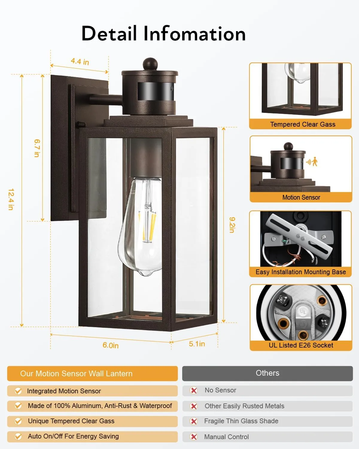 VIANIS 2 Pack Outdoor Wall Lantern, Motion Sensor Porch Light for Entryway, Oil Rubbed Bronze Dusk to Dawn Outdoor Garage Lighting Fixtures Wall Mount, Waterproof Exterior Front Door Sconce Lamps