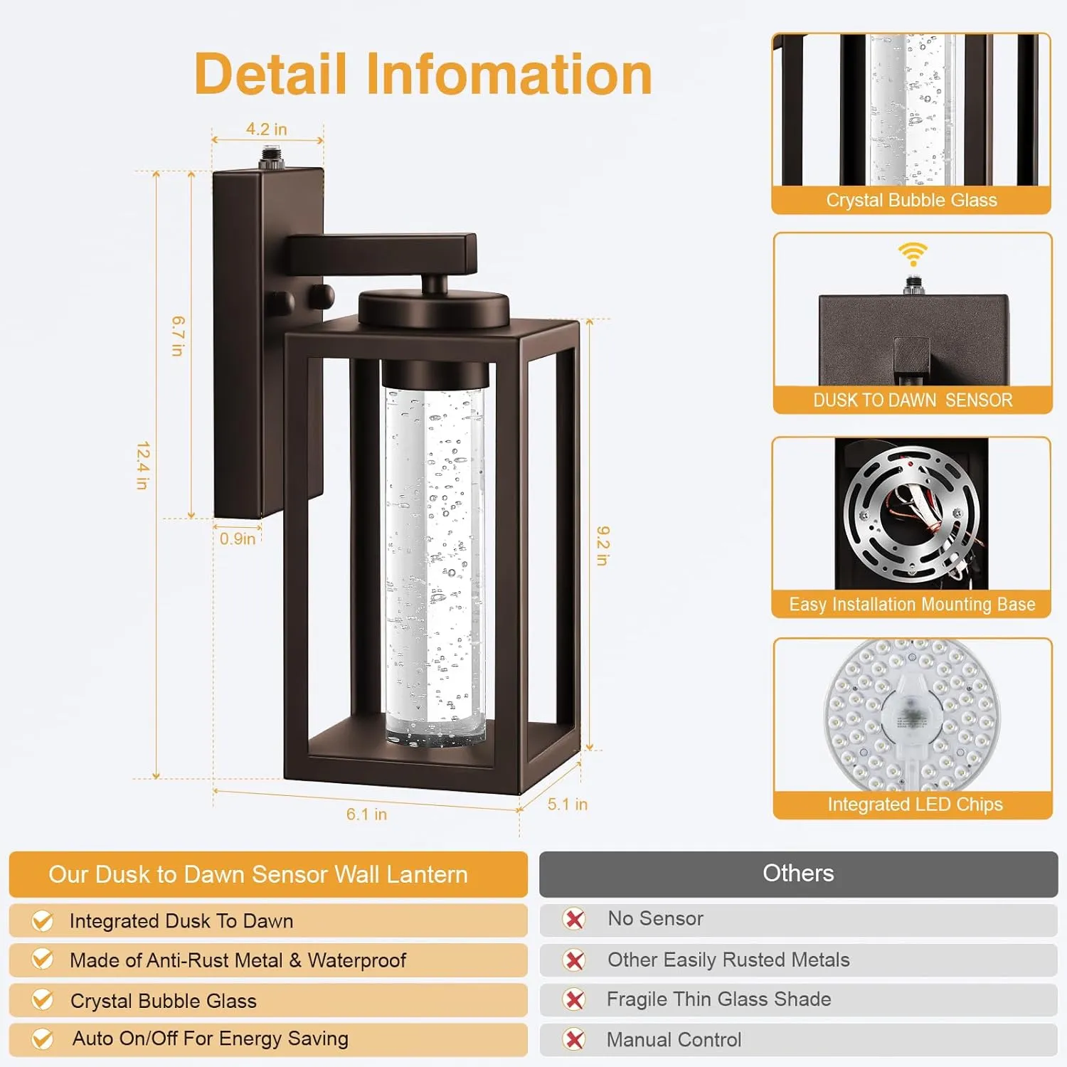 VIANIS 2 Pack Porch Lights Outdoor, Oil Rubbed Bronze Dusk to Dawn Exterior Lighting Fixtures Wall Mount for House with Integrated 10W LED Light Source, Farmhouse Outdoor Sconce Lantern Crystal Glass