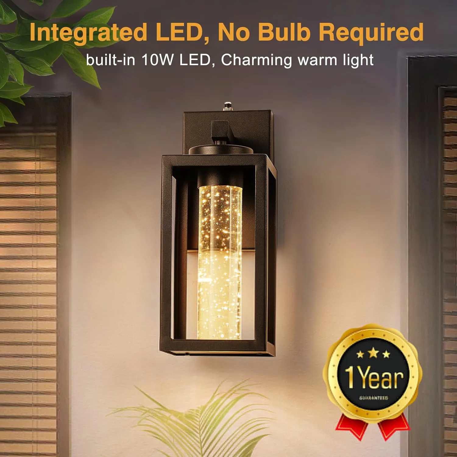 VIANIS 2 Pack Porch Lights Outdoor, Oil Rubbed Bronze Dusk to Dawn Exterior Lighting Fixtures Wall Mount for House with Integrated 10W LED Light Source, Farmhouse Outdoor Sconce Lantern Crystal Glass