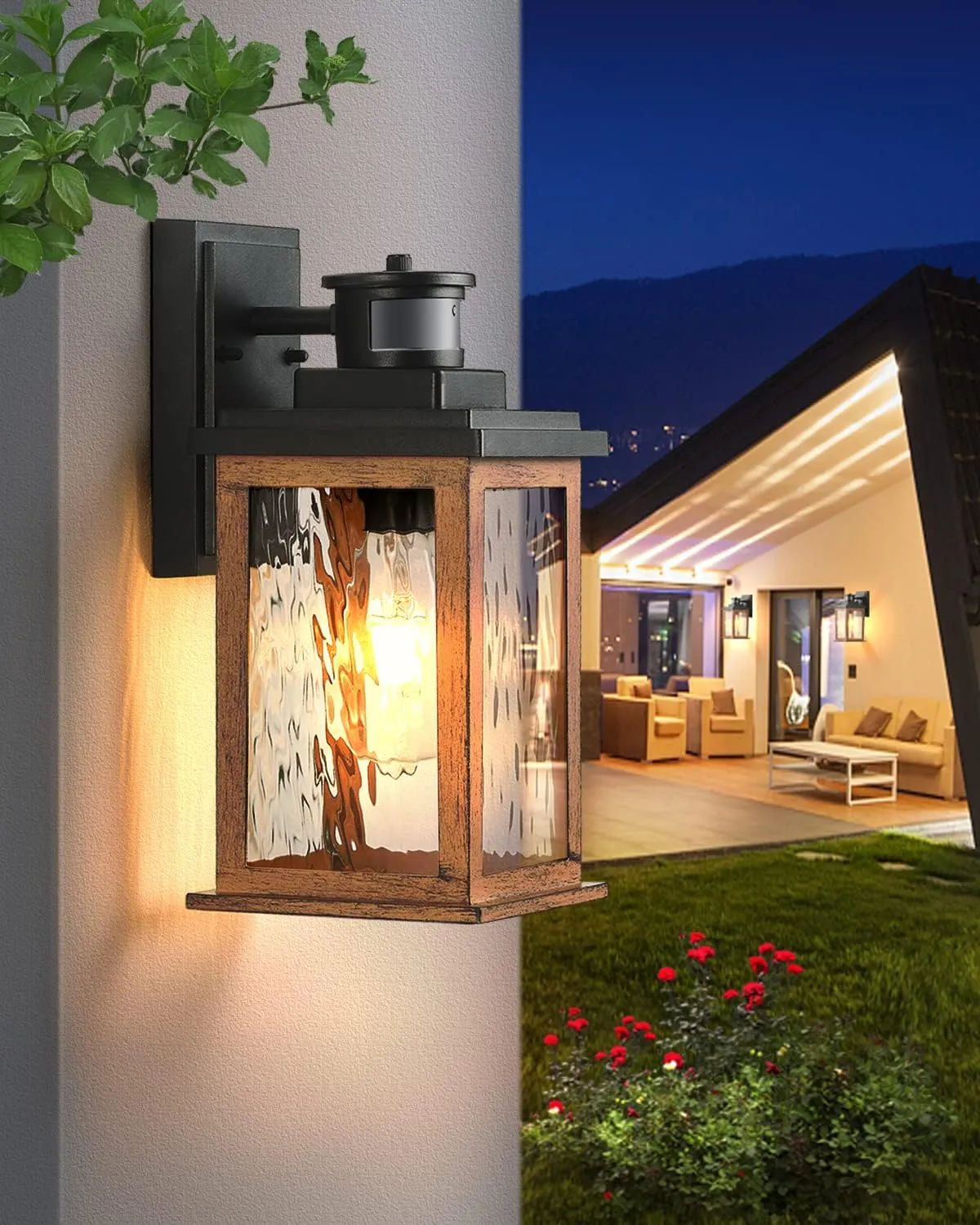VIANIS 2 Packs Dusk to Dawn Outdoor Lighting for House, Wood Grain Motion Sensor Outdoor Lights Fixture, Garage Light Sconce Wall Mount, Lantern with Waterproof, Anti-Rust 100%, Weather Resistant