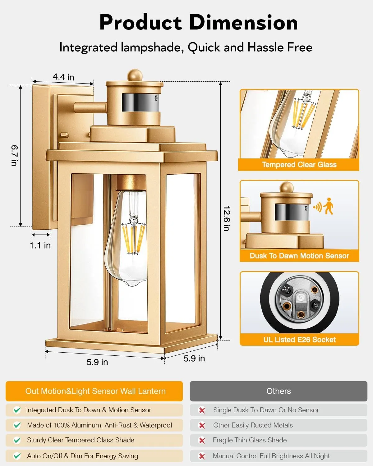 VIANIS Motion Sensor Exterior Lights for House, Dusk to Dawn Outdoor Light Fixture Lantern, Gold Waterproof Outdoor Motion Sensor Light for House, Doorway, Entryway, Garden, Anti-Rust