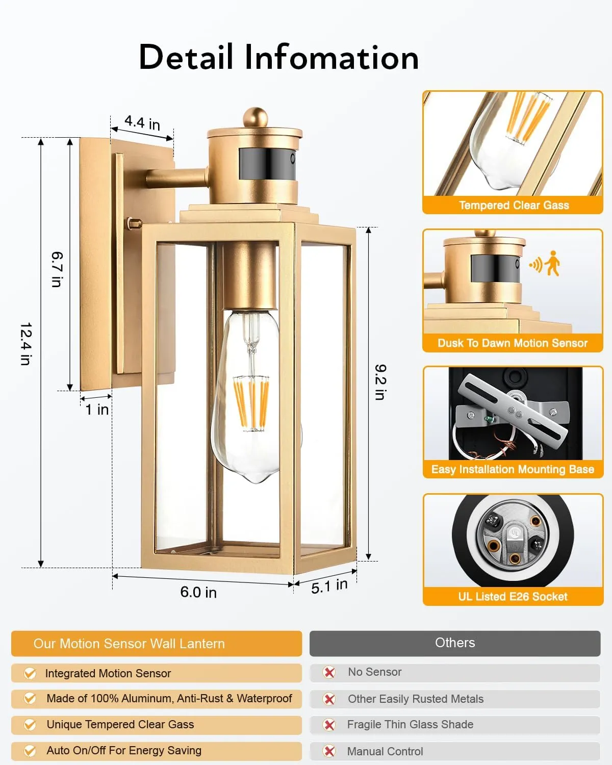 VIANIS Motion Sensor Outdoor Lights, Gold Exterior Lighting Fixtures for House, Modern Dusk to Dawn Outdoor Porch Lights Wall Mount Lantern, Anti-Rust Waterproof Outdoor Wall Sconces for Garage, Coach