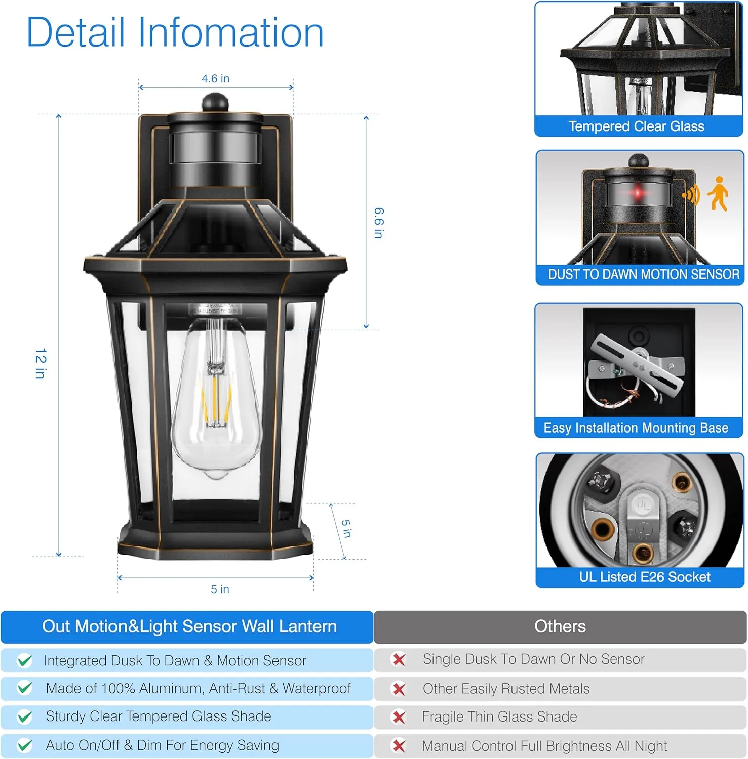 VIANIS Motion Sensor Outdoor Wall Lantern