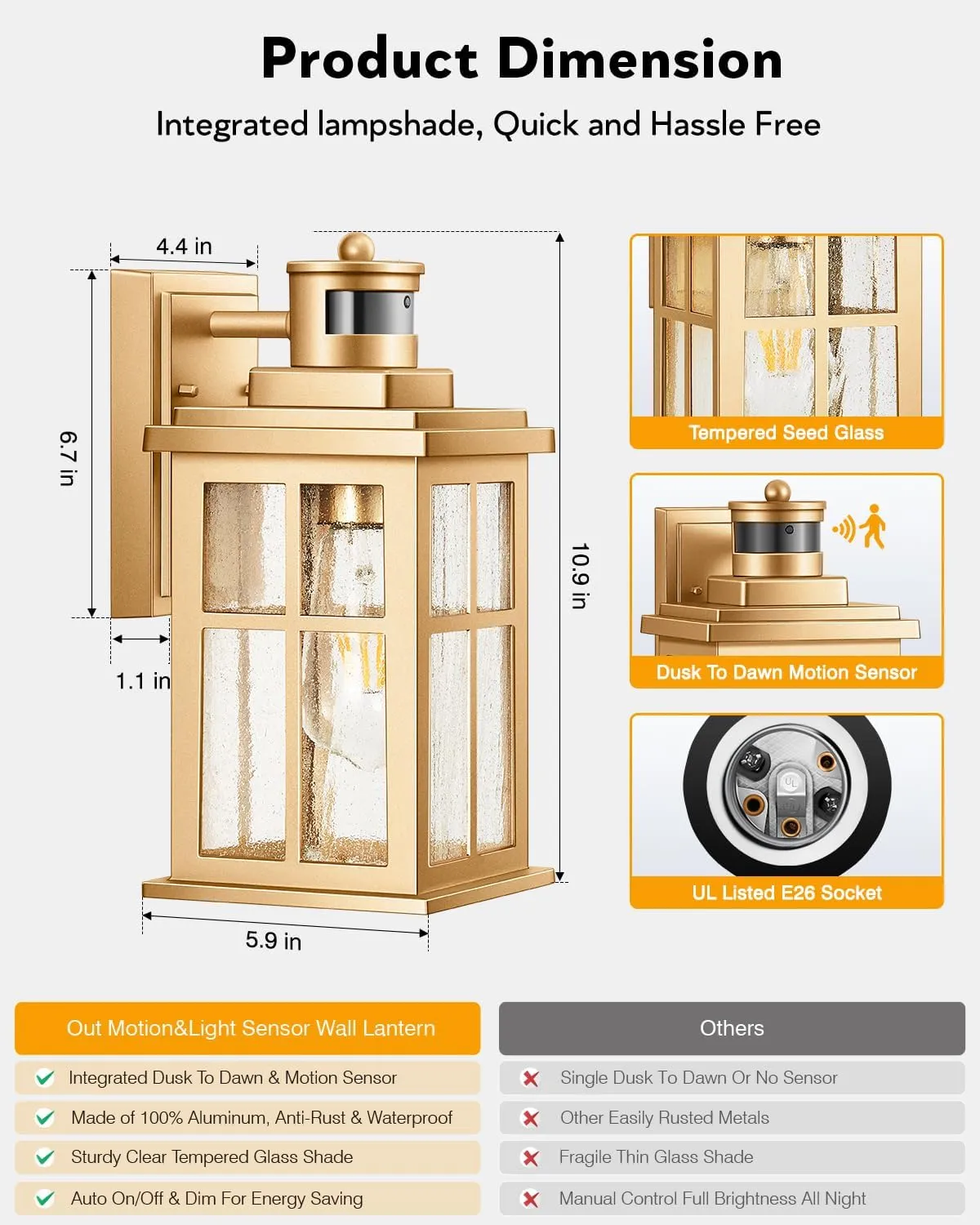 VIANIS Motion Sensor Porch Lights Outdoor, Gold Dusk To Dawn Outside Light Fixtures for House, Modern Exterior Garage Lights Wall Mount Sconce for Front Door Patio with Tempered Seeded Glass Anti-Rust