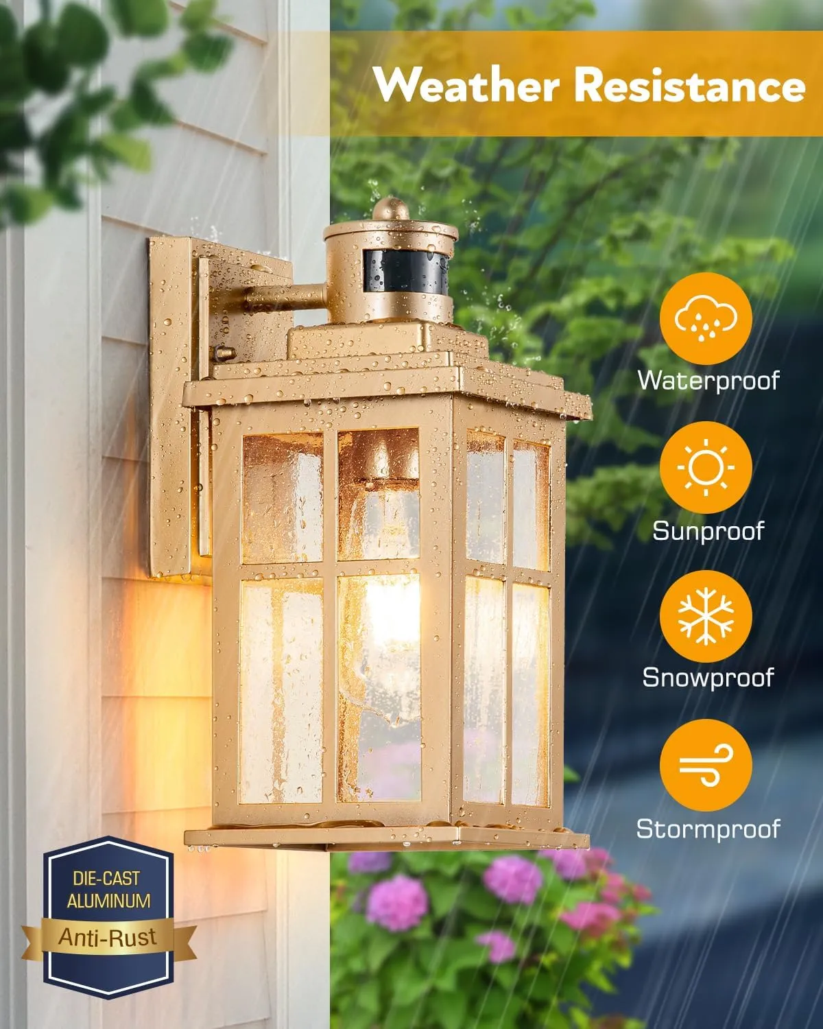 VIANIS Motion Sensor Porch Lights Outdoor, Gold Dusk To Dawn Outside Light Fixtures for House, Modern Exterior Garage Lights Wall Mount Sconce for Front Door Patio with Tempered Seeded Glass Anti-Rust