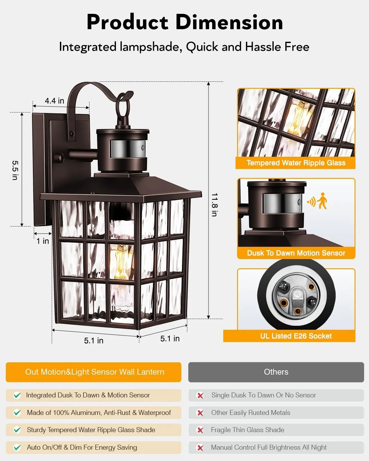 VIANIS ORB Motion Sensor Outdoor Lights Wall Mount, Dusk to Dawn Waterproof Exterior Lantern for House, Oil Rubbed Bronze Anti-Rust Garage Sconce Outside for Door, Garage, Entryway, Hallway