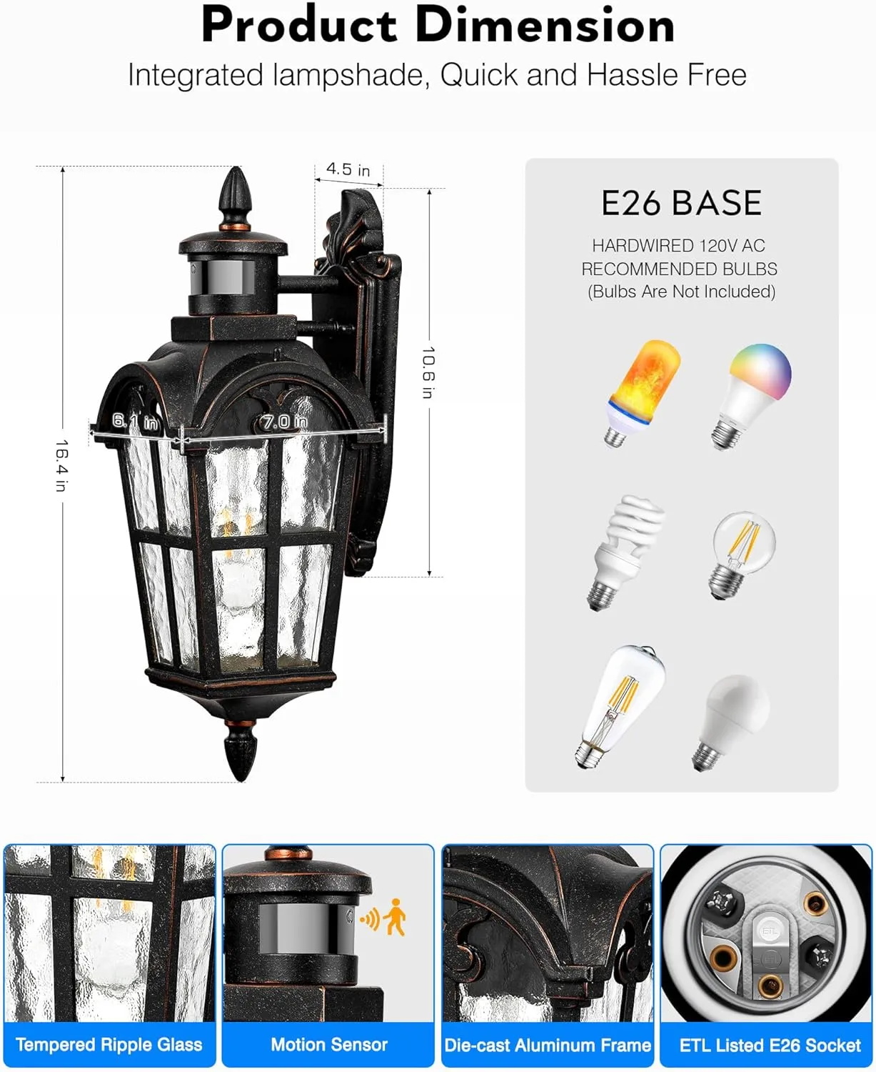 VIANIS Outdoor Motion Sensor Light, Oil Rubbed Bronze Porch Lights Outside Lantern, 16.4" H Dusk to Dawn Outdoor Lighting, 100% Aluminum Exterior Lighting Fixtures for House, Garden, Patio