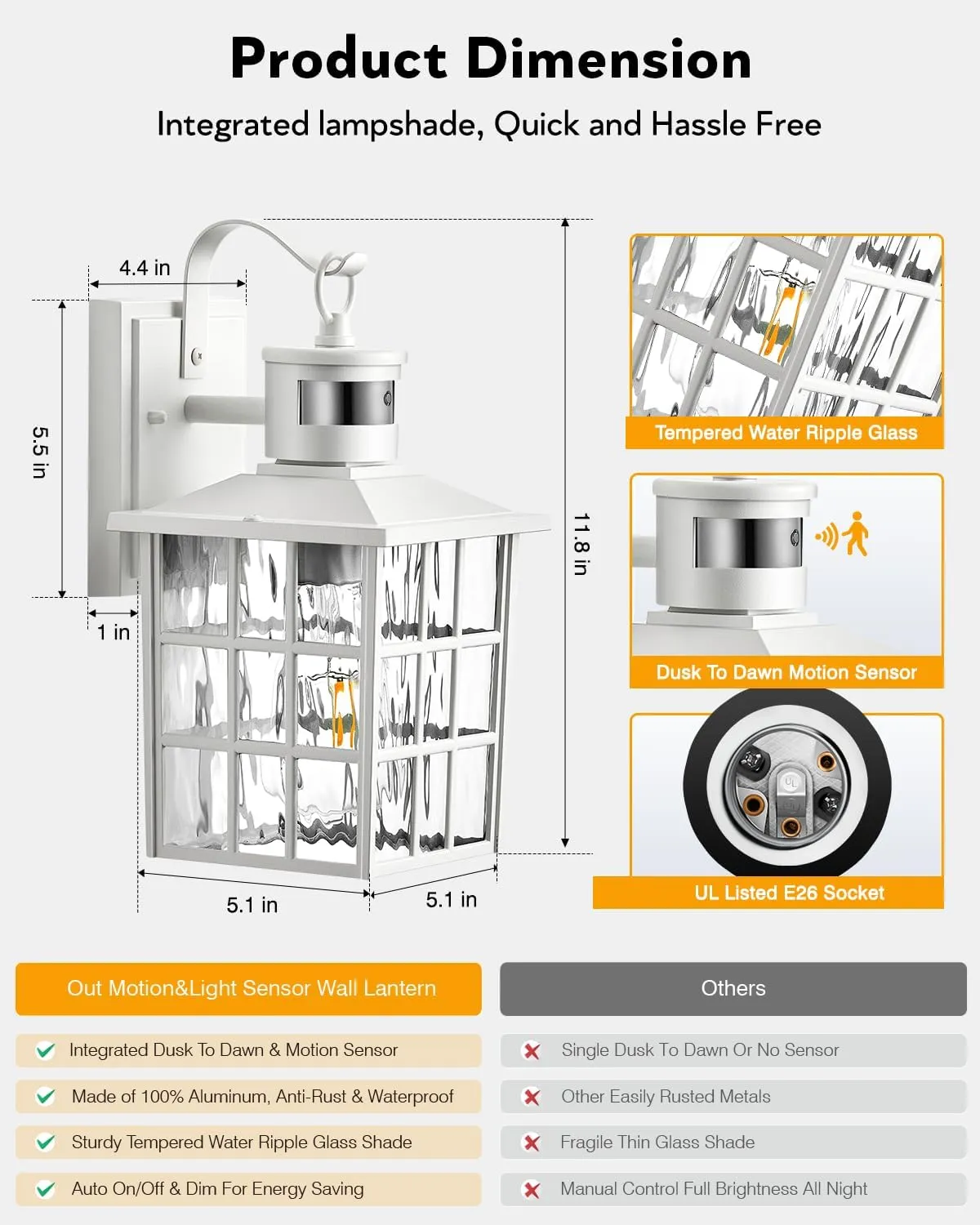 VIANIS White Motion Sensor Exterior Wall Lantern, 2 Pack Dusk to Dawn Outdoor Light Fixture Wall Mount, Anti-Rust Modern Outdoor Wall Sconce Lighting for House Front Porch Garage with Tempered Glass