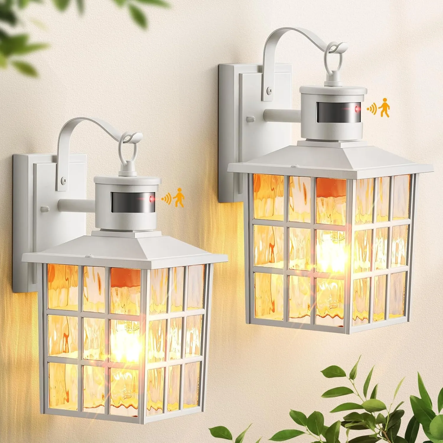 VIANIS White Motion Sensor Exterior Wall Lantern, 2 Pack Dusk to Dawn Outdoor Light Fixture Wall Mount, Anti-Rust Modern Outdoor Wall Sconce Lighting for House Front Porch Garage with Tempered Glass