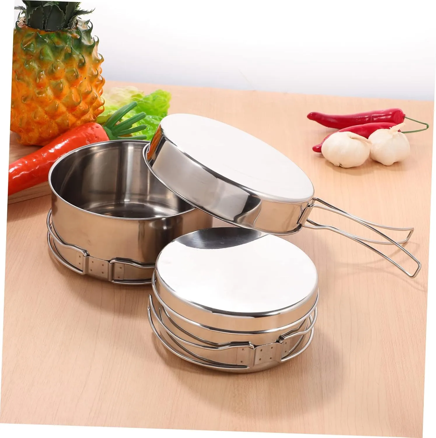 VICASKY Stainless Steel Cooking Utensils Camper Folding Camping Outdoor Pots Pan Portable Stackable Camp