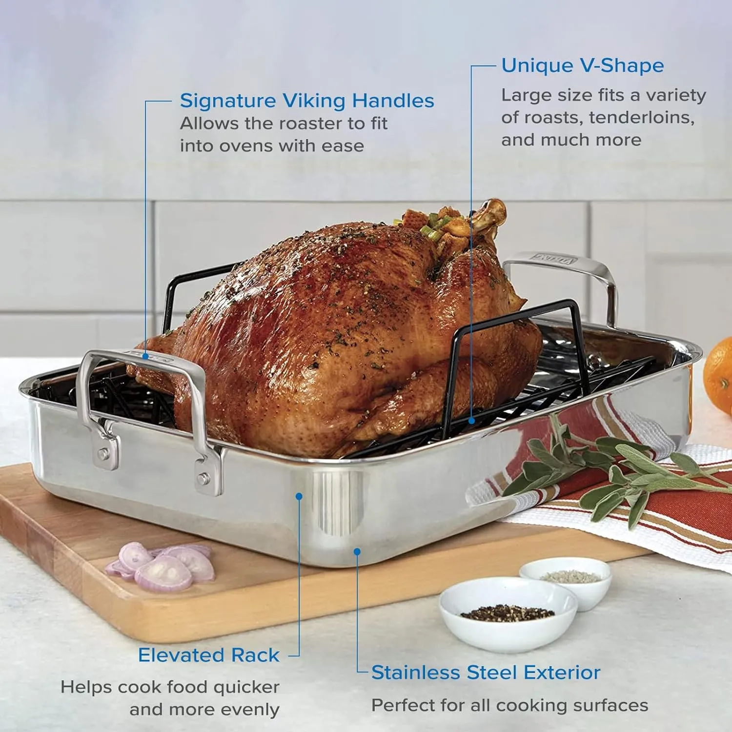 Viking 3-Ply Stainless Steel Roasting Pan with Non Stick Rack, 16 x 13 Inch Kitchen Cookware, Great for Turkey, Dishwasher and Oven Safe, Induction Ready, Silver