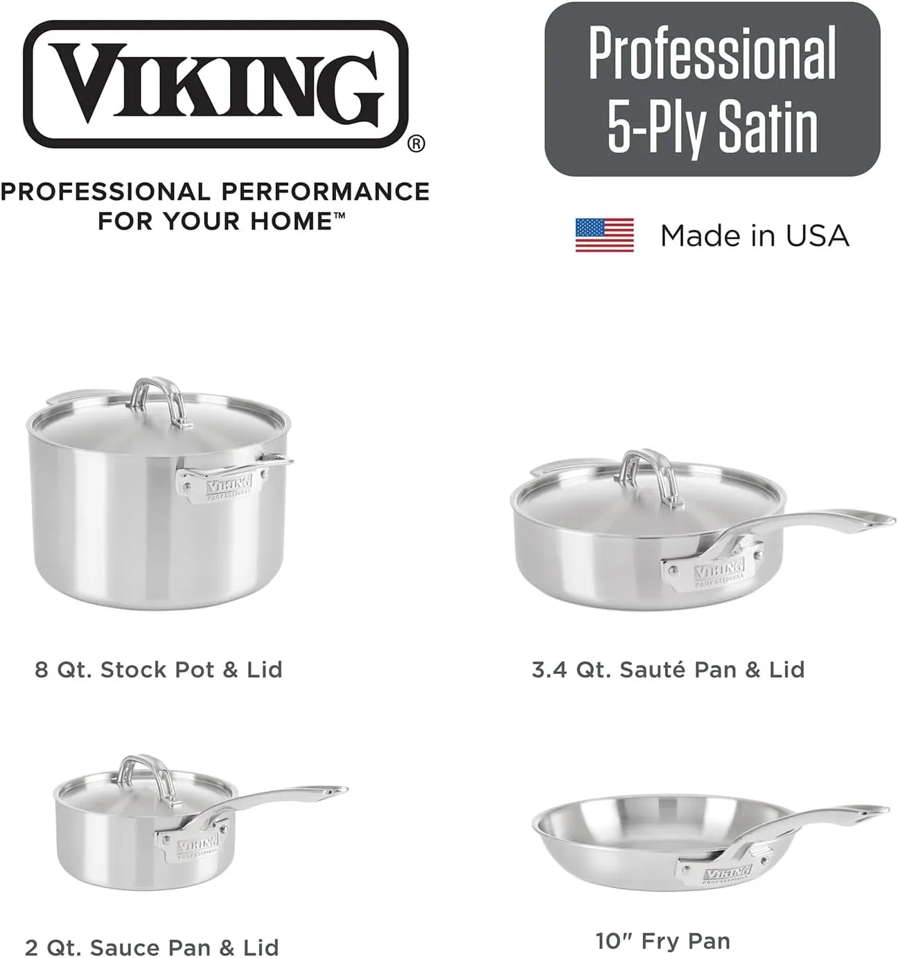 Viking 5-Ply Pots and Pans Set, 7 Piece Stainless Steel Kitchen Cookware, Silver