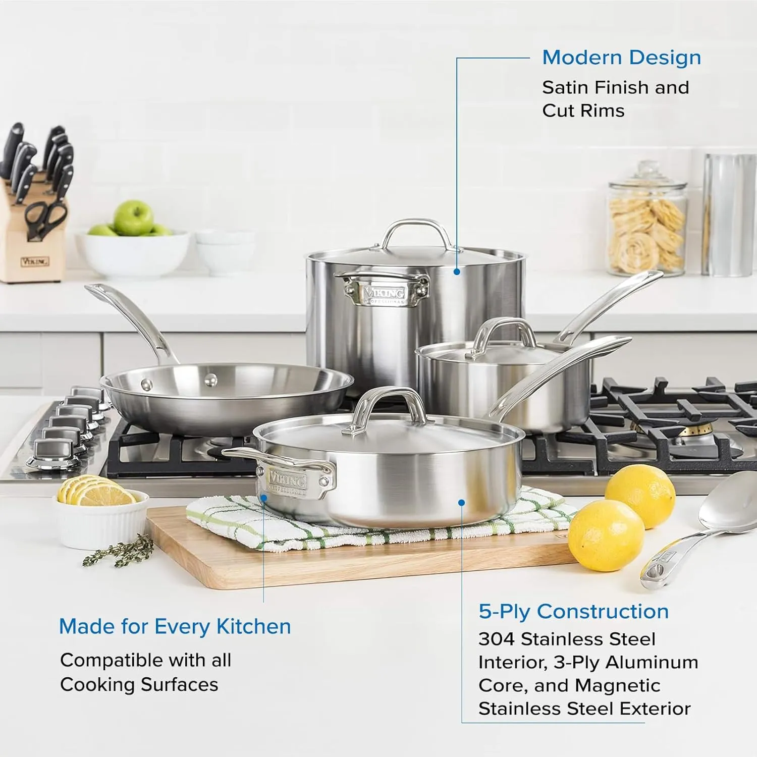 Viking 5-Ply Pots and Pans Set, 7 Piece Stainless Steel Kitchen Cookware, Silver