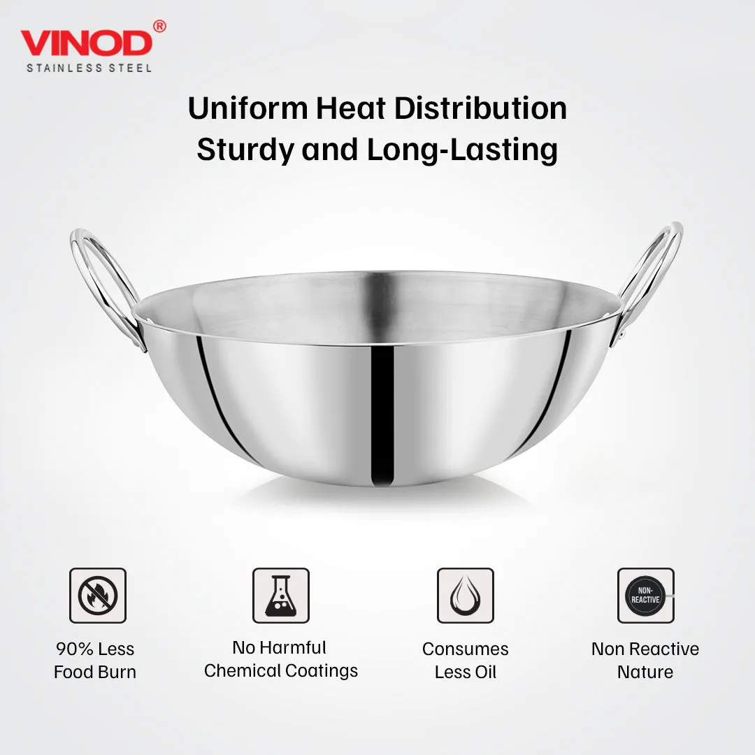 Vinod – Claro Heavy Gauge Stainless Steel Plain Kadai, 2.5 mm, Capacity 800 ml, (18cm)