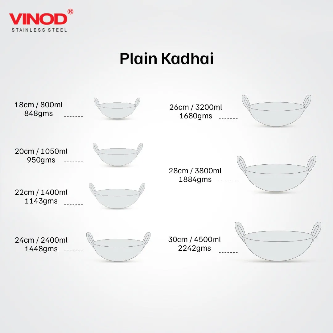 Vinod – Claro Heavy Gauge Stainless Steel Plain Kadai, 2.5 mm, Capacity 800 ml, (18cm)