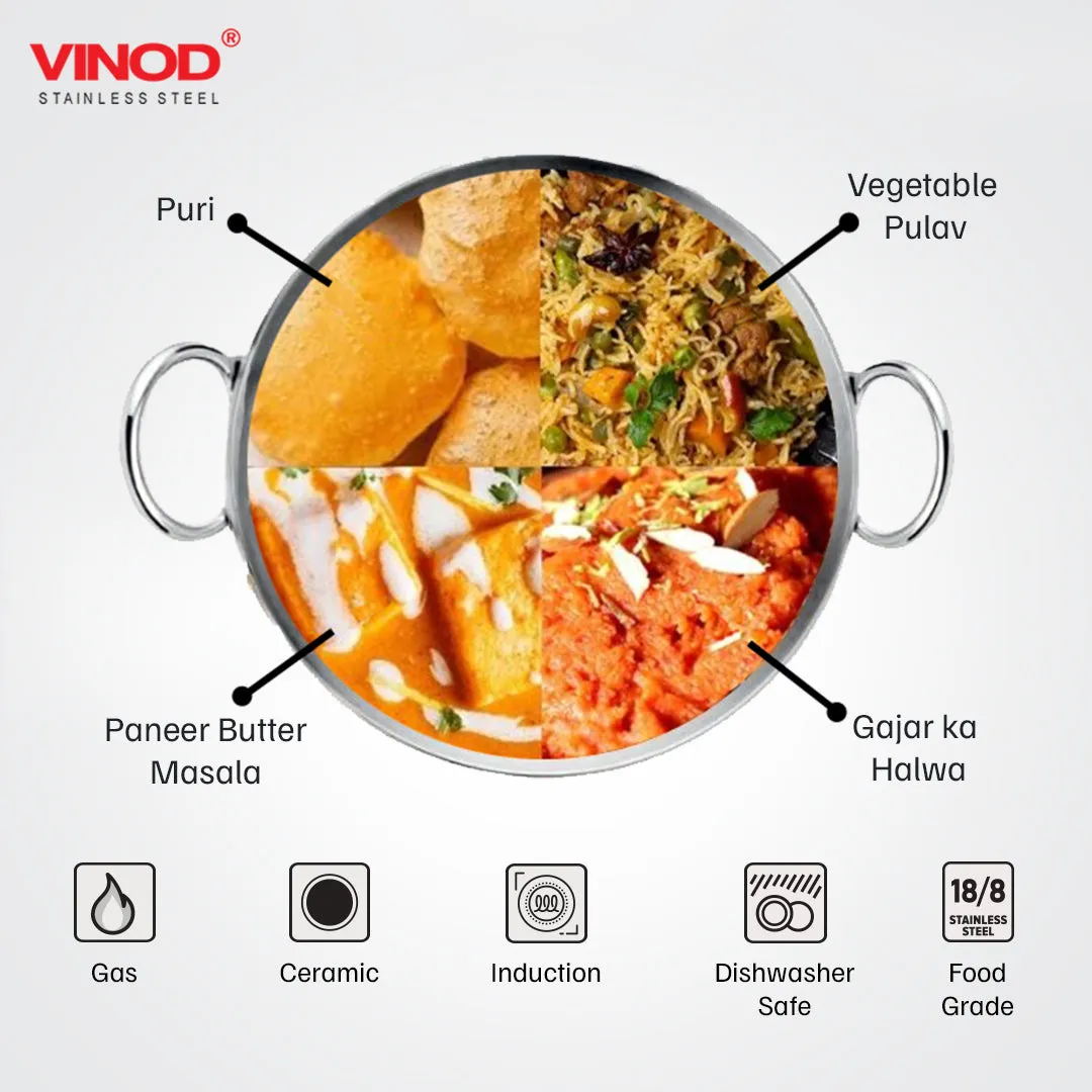 Vinod – Claro Heavy Gauge Stainless Steel Plain Kadai, 2.5 mm, Capacity 800 ml, (18cm)