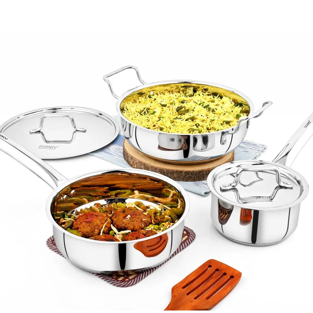 Vinod – Doniv 3 Piece Majestic Sandwich Bottom Cookware Set, 1 Piece Kadhai with Lid 24 cms, 1 Piece Sauce Pan with Lid 14 cms &#038; 1 Piece Fry Pan 20 cms