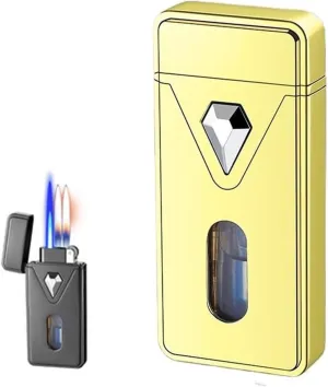 Vintage Jinshun Dual Jet Flame Torch Butane Lighter, Refillable Gas Windproof Lighter with Visible Fuel Window for Male Friends and Family (Butane Not Included)(Gold)
