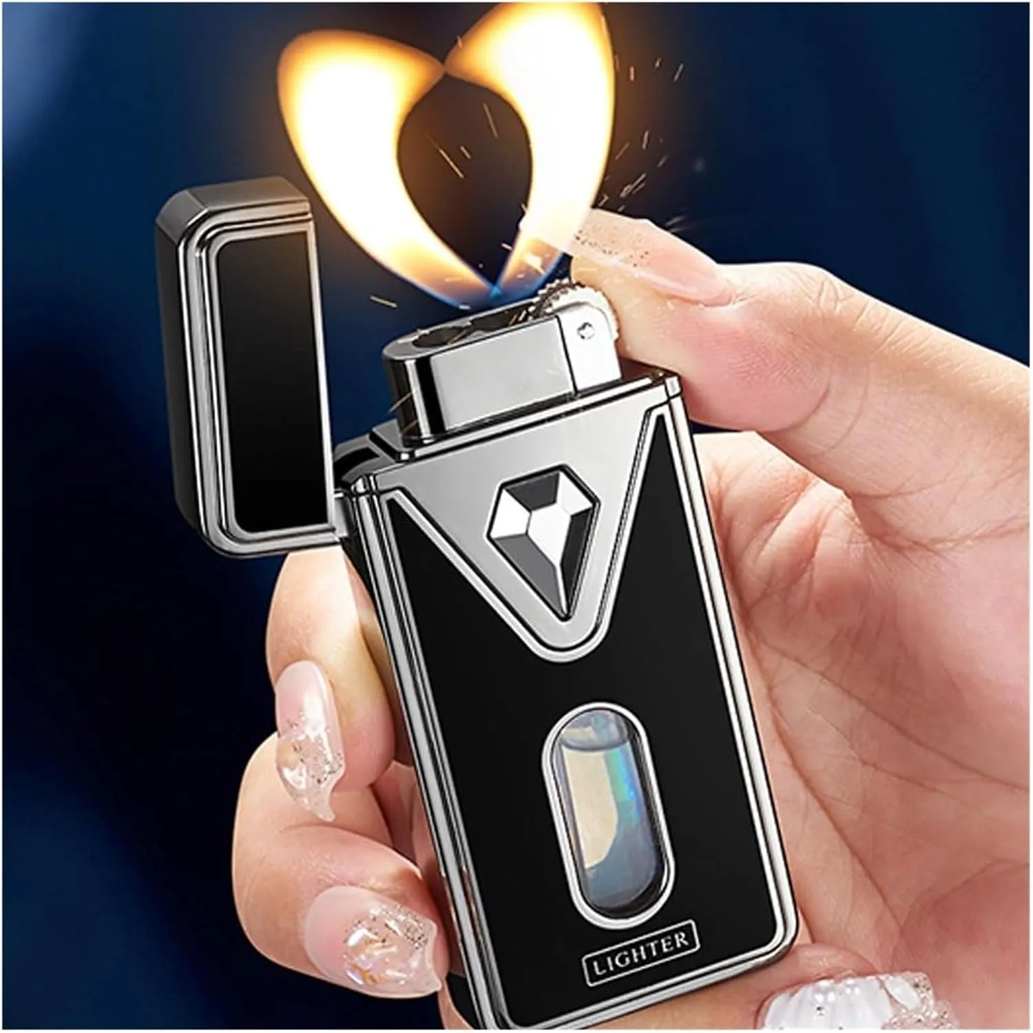 Vintage Jinshun Dual Jet Flame Torch Butane Lighter, Refillable Gas Windproof Lighter with Visible Fuel Window for Male Friends and Family (Butane Not Included)(Gold)