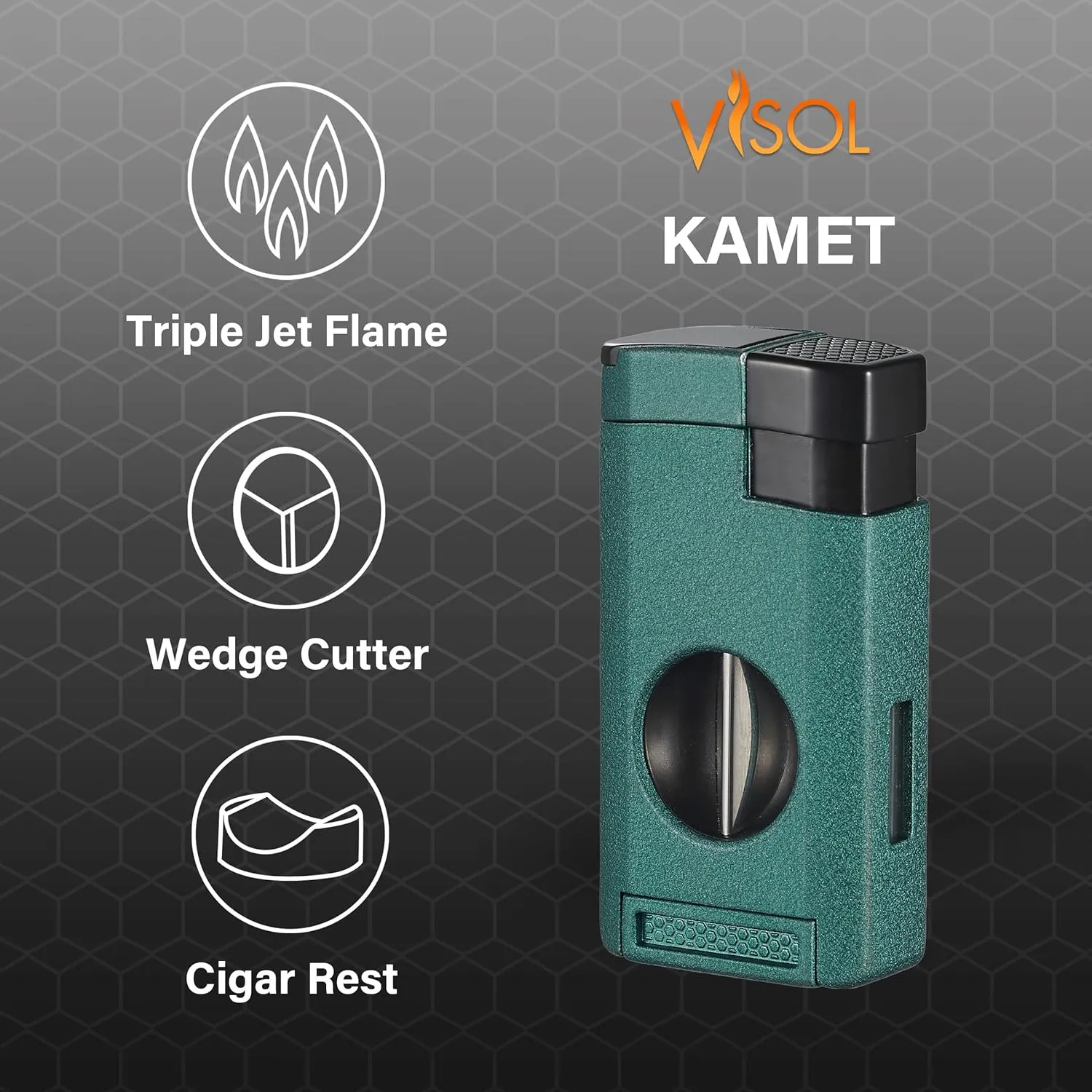 Visol Kamet Butane Torch Triple Flame Refillable Gas Lighter, Built-in Cutter, Fuel Window and Windproof Adjustable Flame (Shipped Without Butane)