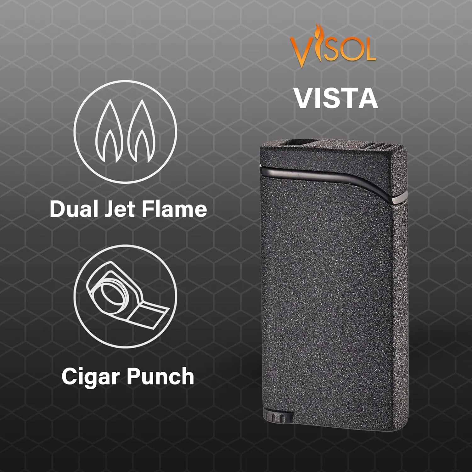Visol Vista Butane Torch Lighter Double Flame Refillable Gas Lighter, Built-in Cigar Punch, Windproof Adjustable Flame Lighter (Shipped Without Butane)