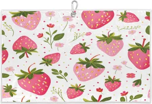 Watercolor Strawberry Polka Dot Flower Golf Towel with Heavy Duty Carabiner Ultra Absorbent Quick Dry Perfect for Cleaning Clubs Balls Gear Essential Golf Accessory for Men Women Kids